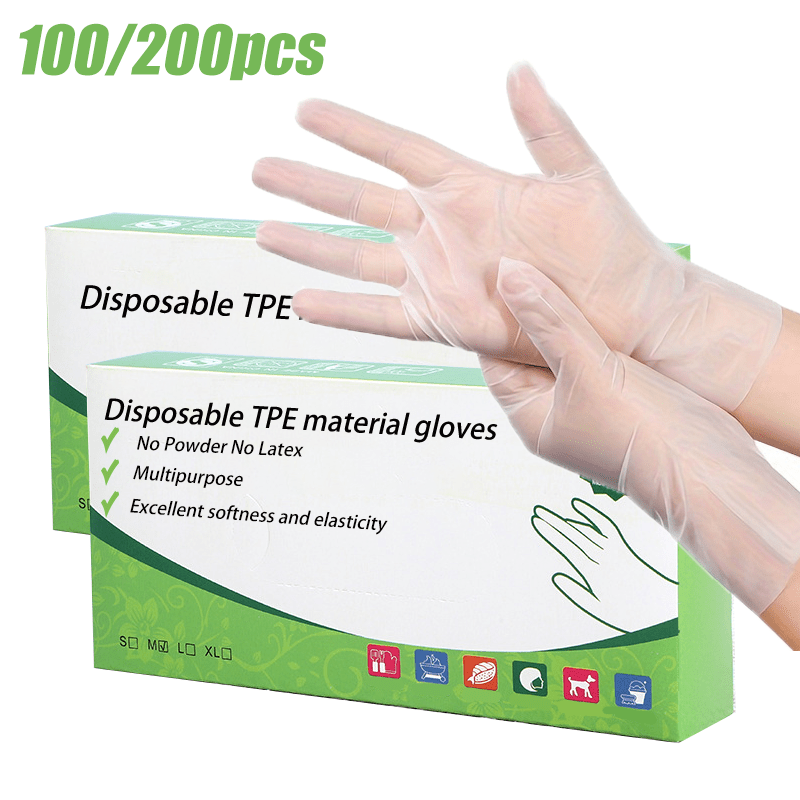 100/200pcs Transparent Waterproof TPE Disposable Gloves Non-Latex Slip-Resistant for Kitchen Tattoo Hair Dyeing Pet Grooming