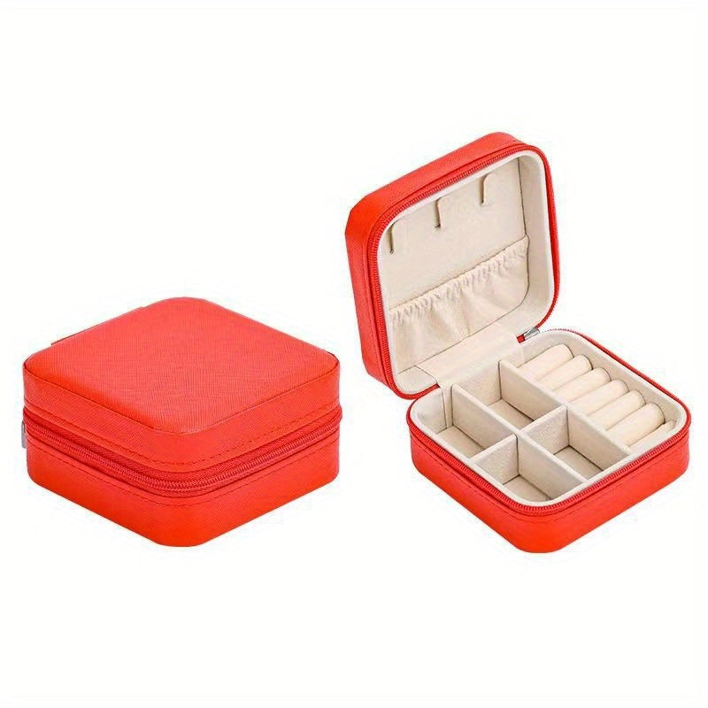 Klassik sun'iy charmdan yasalgan, uzuklar, marjonlar, bilakuzuklar va quloq bilagichlari uchun zip yopiq portativ sayohat zargarlik qutisi.