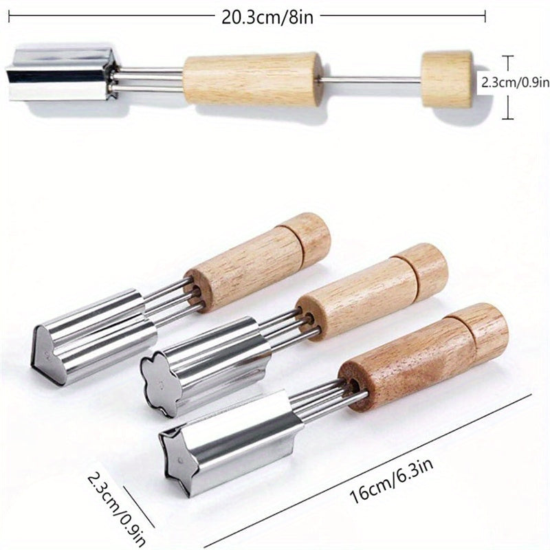 3-ta qismli zanglamaydigan po'latdan yasalgan sabzavot va meva kesish uchun to'plam, yog'och tutqichli, gullar, yurak va yulduz shakllarini o'z ichiga oladi