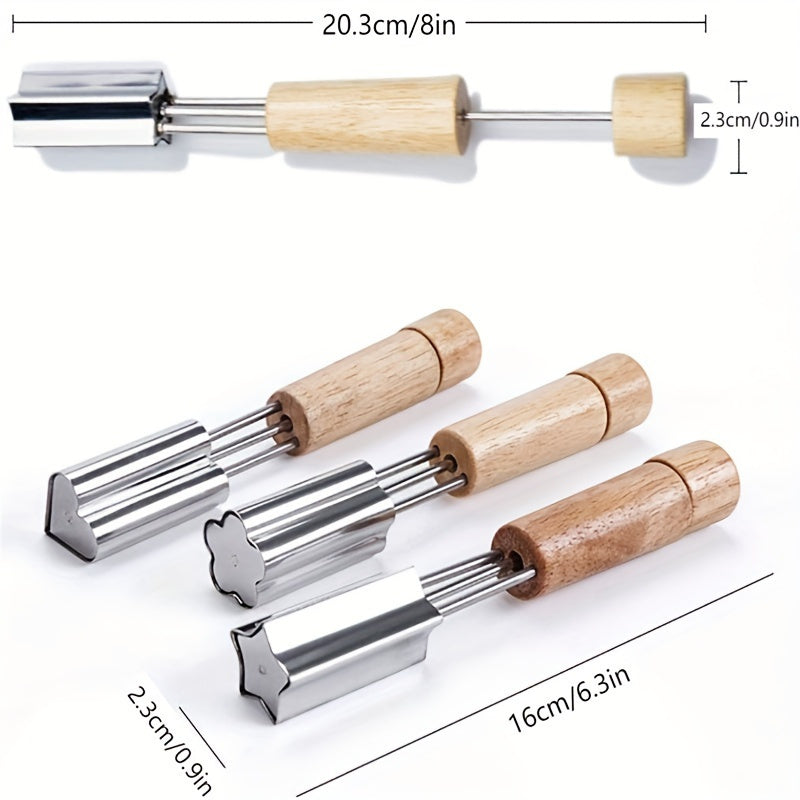 3-ta qismli zanglamaydigan po'latdan yasalgan sabzavot va meva kesish uchun to'plam, yog'och tutqichli, gullar, yurak va yulduz shakllarini o'z ichiga oladi