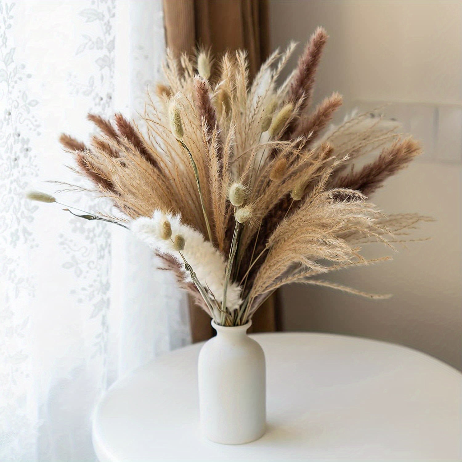 60pcs Dried Pampas Grass Bouquet Brown White Fluffy Floral Decor for Home Wedding Baby Shower