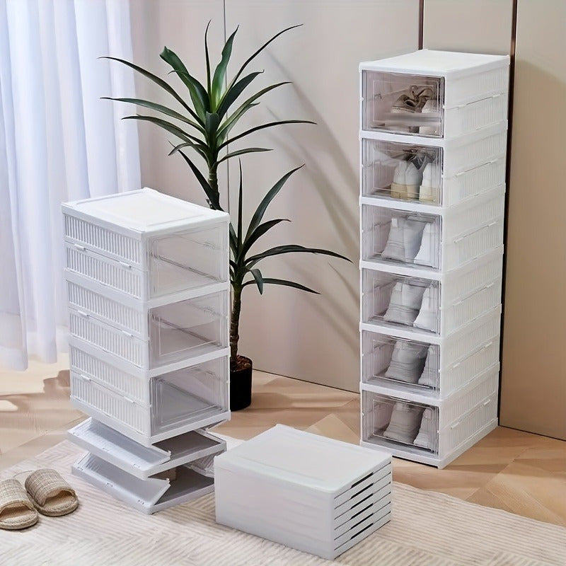 Contemporary 6-Layer Collapsible Shoe Rack with Plastic Storage Bins Dustproof Stackable Free-Standing