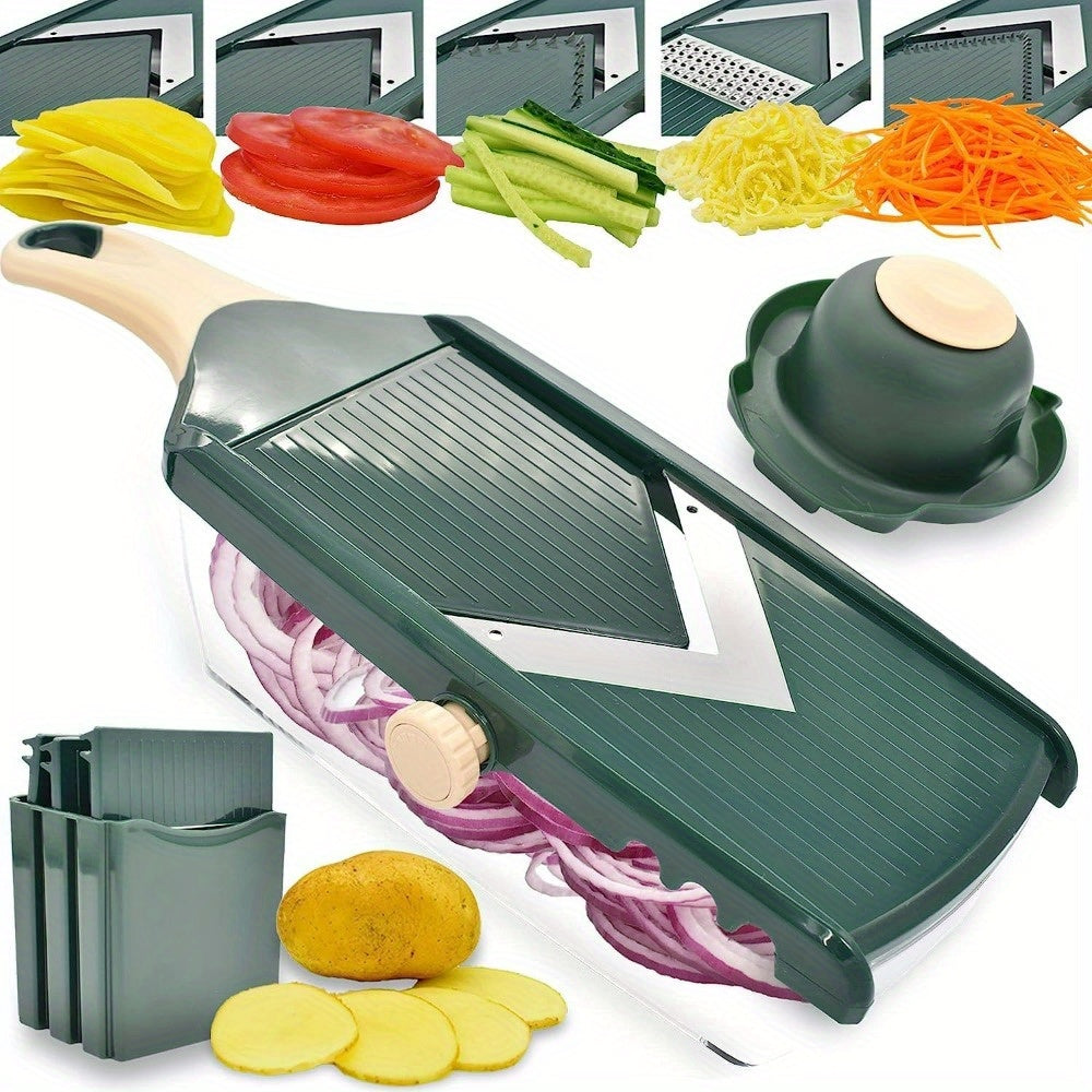 Vegetable Cutter with V-Blade, Julienne Slicer, Adjustable Dial, Safety Pusher