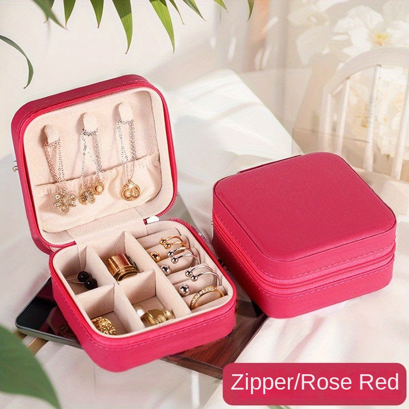 Klassik sun'iy charmdan yasalgan, uzuklar, marjonlar, bilakuzuklar va quloq bilagichlari uchun zip yopiq portativ sayohat zargarlik qutisi.