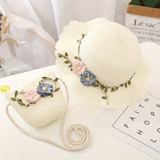 Girls' Straw Hat and Bag Set for Kids with Lace-Trim Flowers Beige Summer Outdoor Beach Vacation
