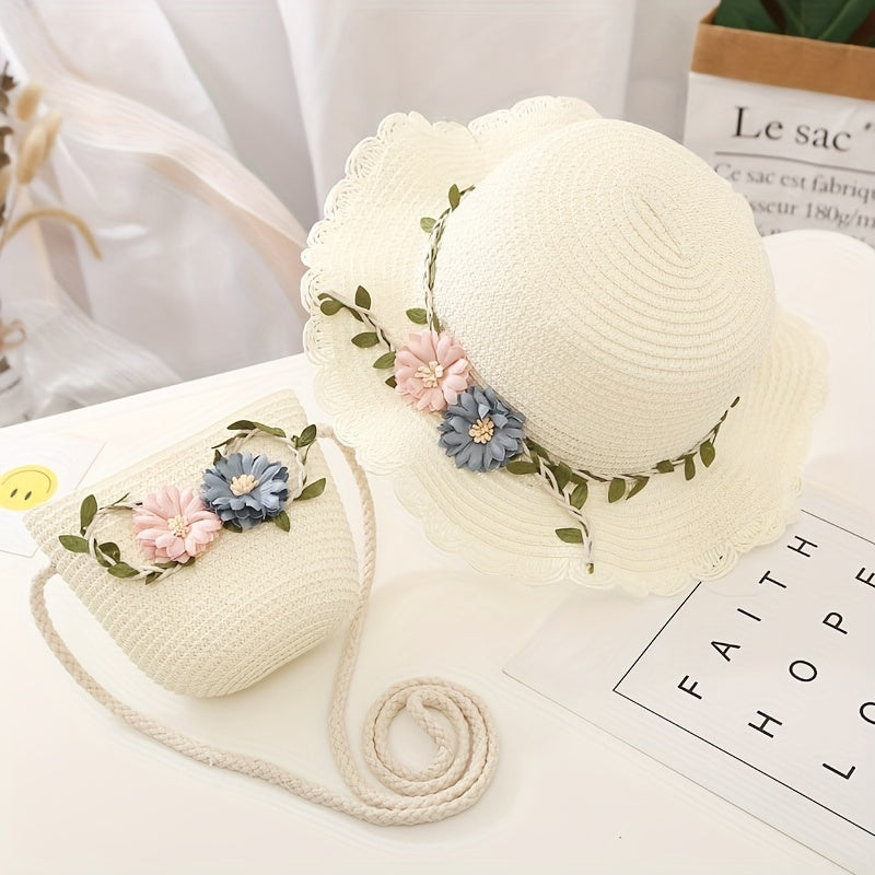 Girls' Straw Hat and Bag Set for Kids with Lace-Trim Flowers Beige Summer Outdoor Beach Vacation