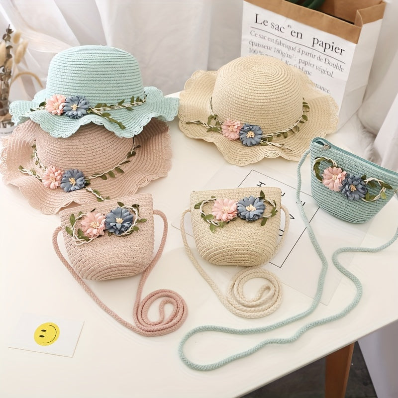 Girls' Straw Hat and Bag Set for Kids with Lace-Trim Flowers Beige Summer Outdoor Beach Vacation