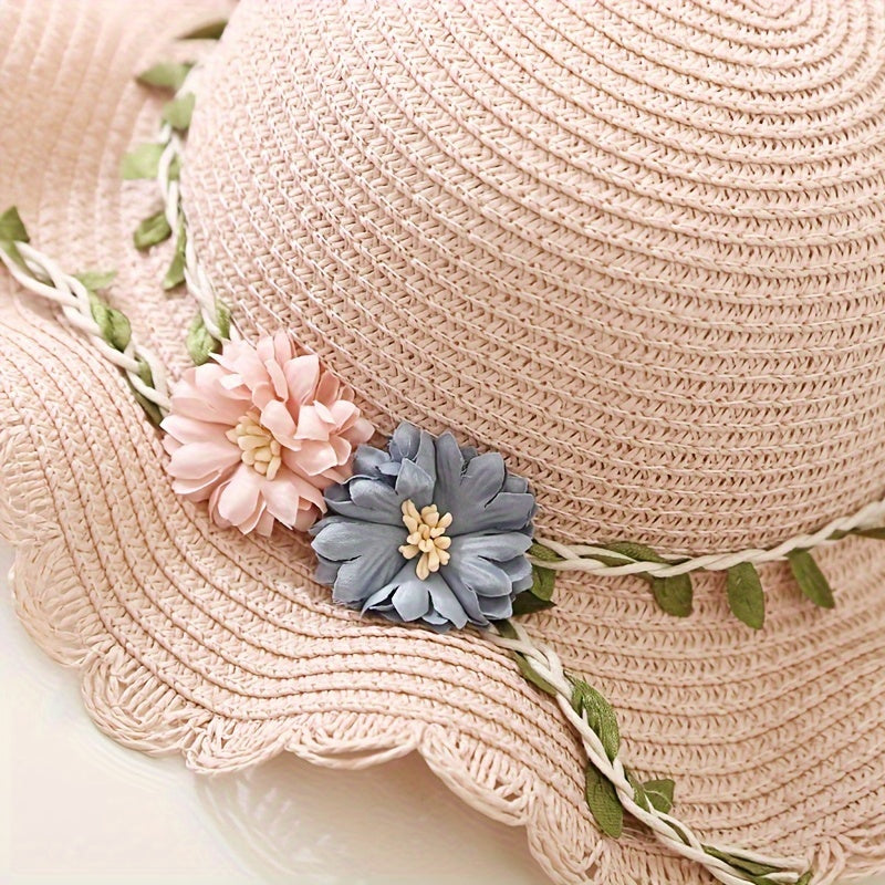 Girls' Straw Hat and Bag Set for Kids with Lace-Trim Flowers Beige Summer Outdoor Beach Vacation