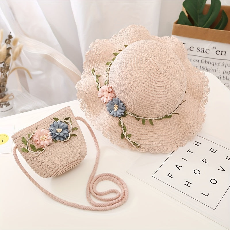 Girls' Straw Hat and Bag Set for Kids with Lace-Trim Flowers Beige Summer Outdoor Beach Vacation