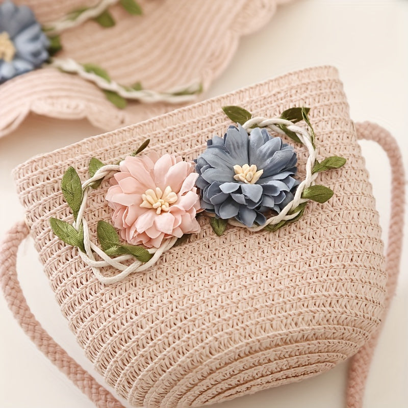 Girls' Straw Hat and Bag Set for Kids with Lace-Trim Flowers Beige Summer Outdoor Beach Vacation