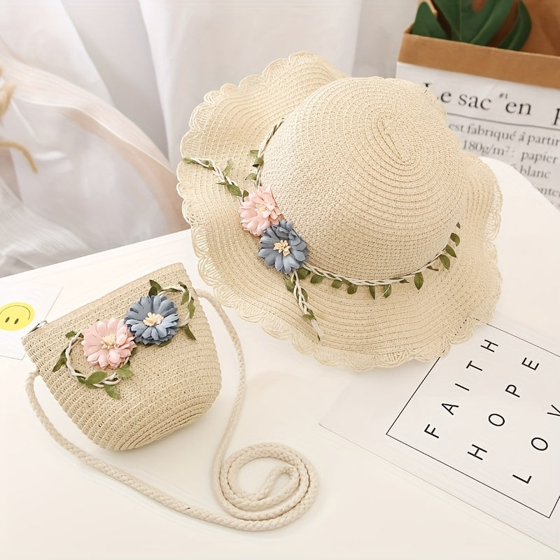Girls' Straw Hat and Bag Set for Kids with Lace-Trim Flowers Beige Summer Outdoor Beach Vacation