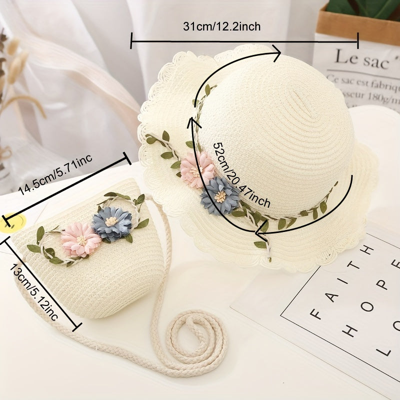 Girls' Straw Hat and Bag Set for Kids with Lace-Trim Flowers Beige Summer Outdoor Beach Vacation