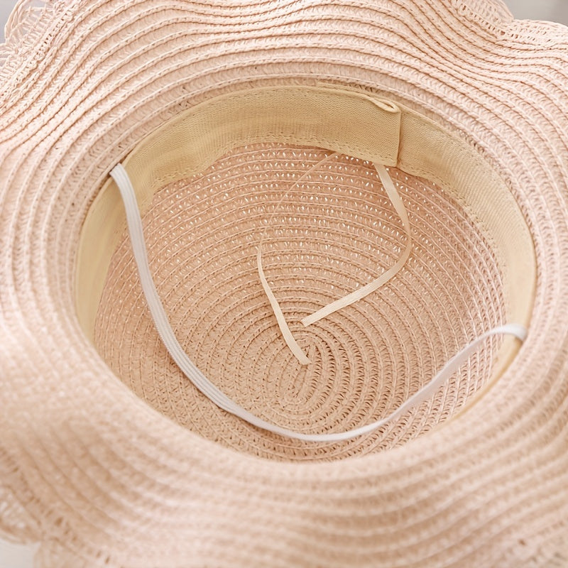 Girls' Straw Hat and Bag Set for Kids with Lace-Trim Flowers Beige Summer Outdoor Beach Vacation