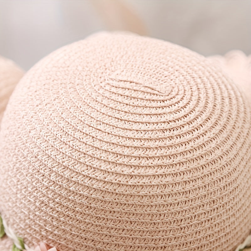 Girls' Straw Hat and Bag Set for Kids with Lace-Trim Flowers Beige Summer Outdoor Beach Vacation