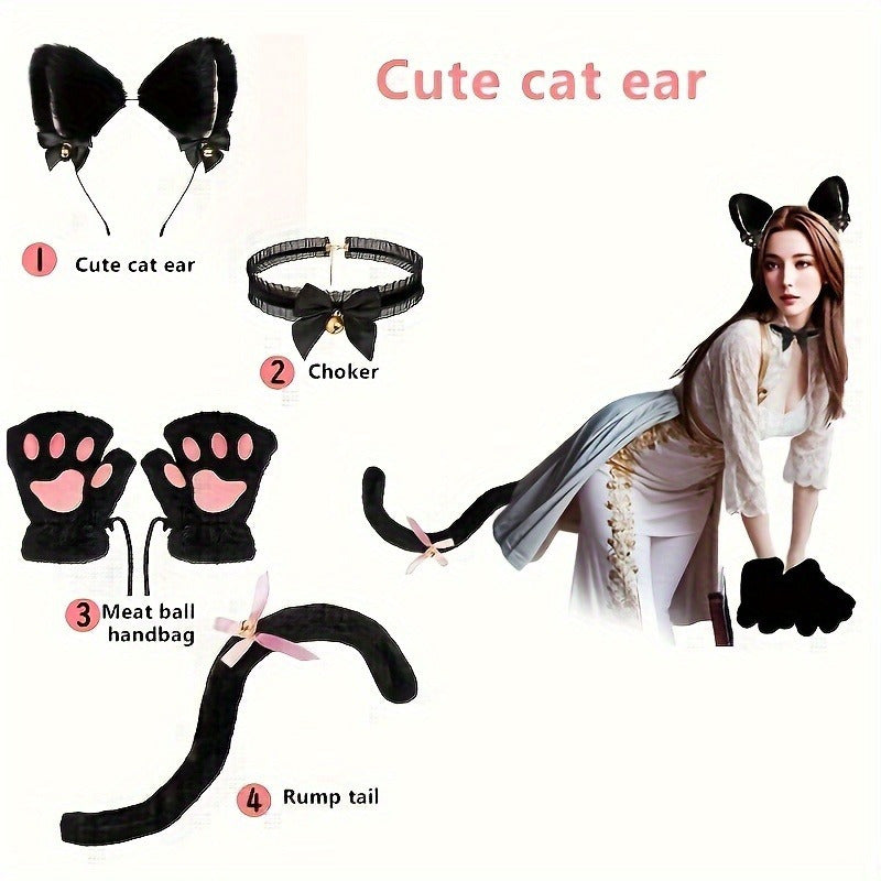 Cat and Bear Paw Cosplay Set for Ladies with Gloves Bow Tie and Choker Polyester Blend
