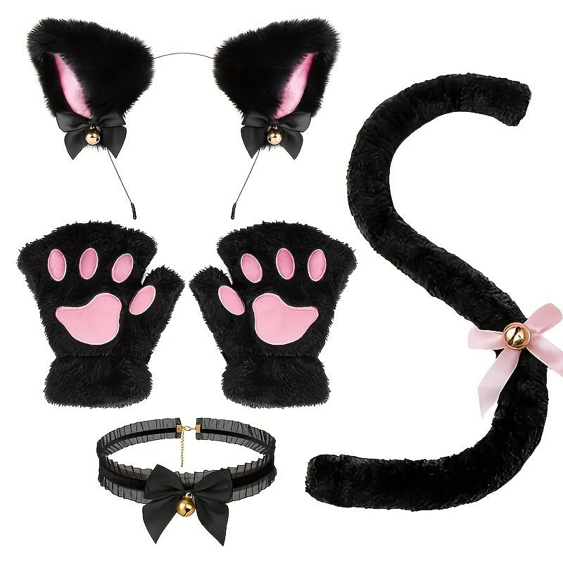 Cat and Bear Paw Cosplay Set for Ladies with Gloves Bow Tie and Choker Polyester Blend