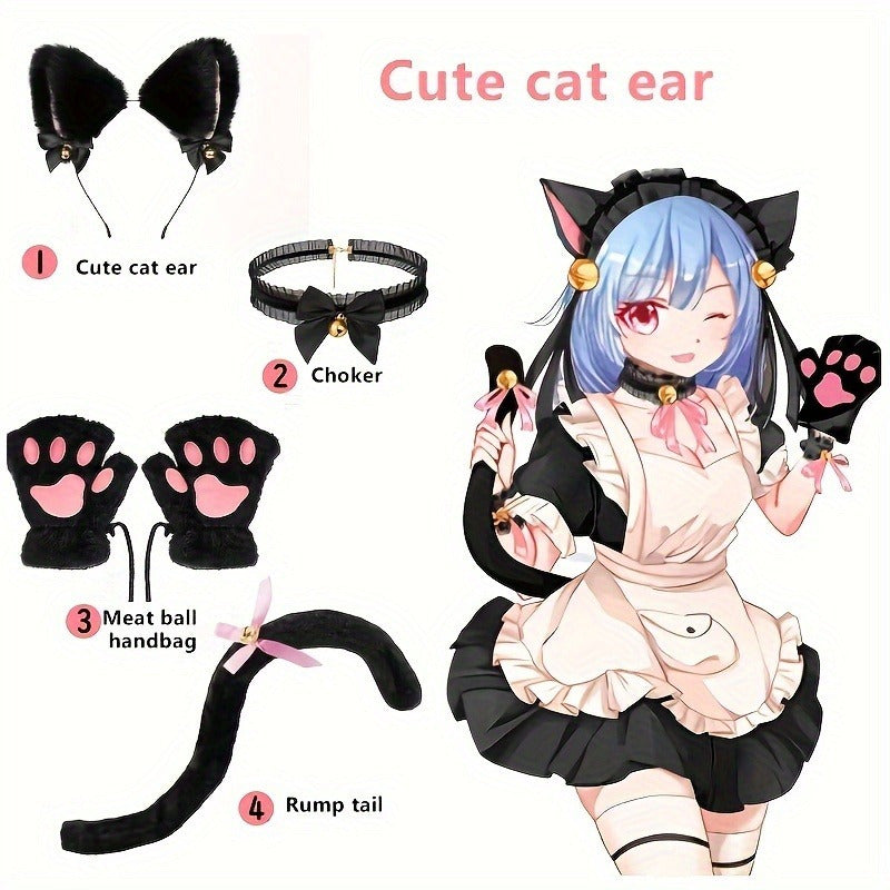 Cat and Bear Paw Cosplay Set for Ladies with Gloves Bow Tie and Choker Polyester Blend