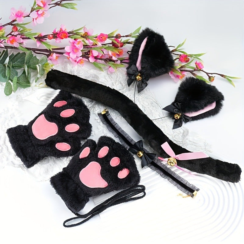 Cat and Bear Paw Cosplay Set for Ladies with Gloves Bow Tie and Choker Polyester Blend