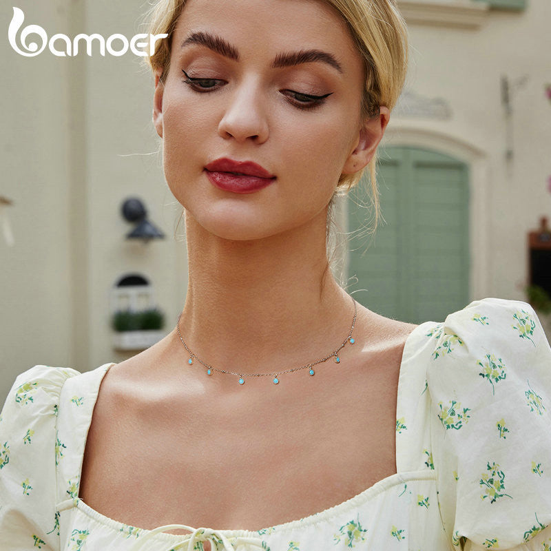 Sterling Silver Turquoise Necklace with Synthetic Pendants for Women