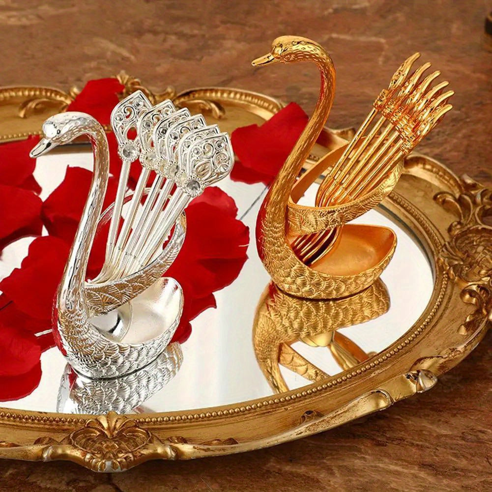 Swan Spoon Holder Set with 6 Golden Stainless Steel Coffee Spoons for Tableware