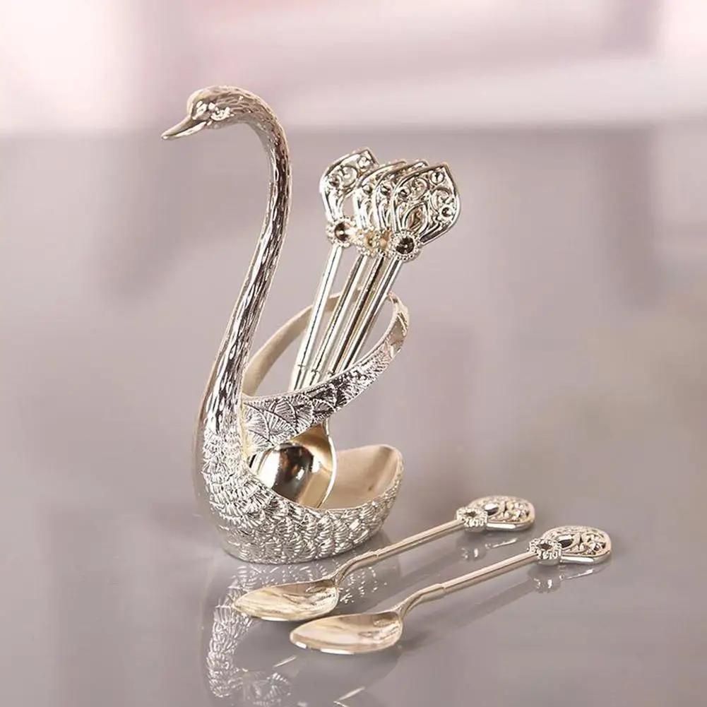 Swan Spoon Holder Set with 6 Golden Stainless Steel Coffee Spoons for Tableware