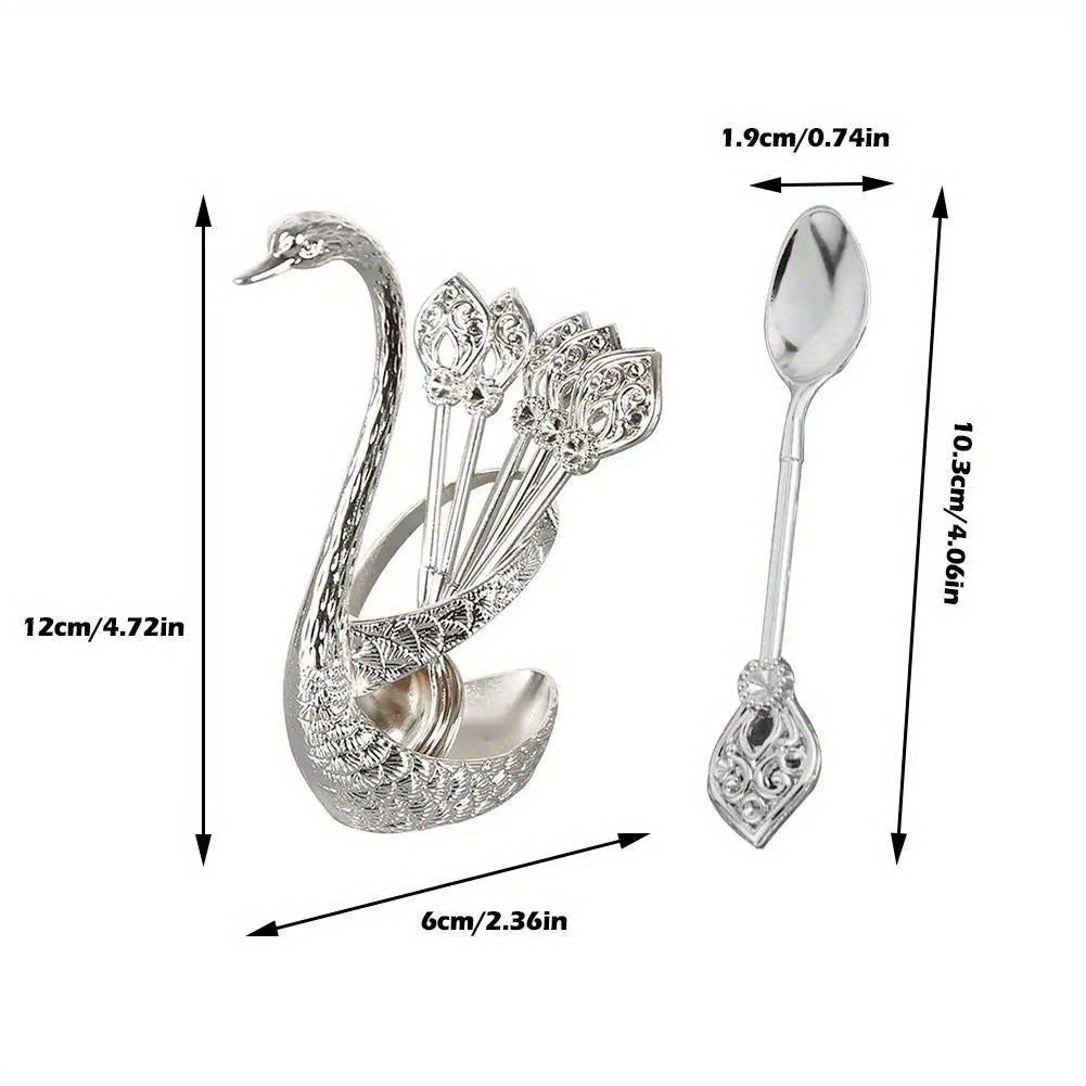 Swan Spoon Holder Set with 6 Golden Stainless Steel Coffee Spoons for Tableware