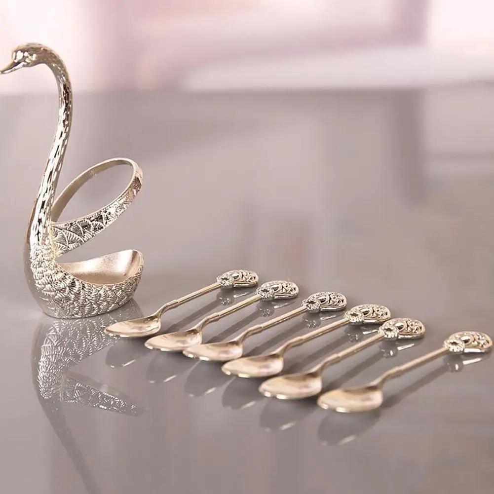 Swan Spoon Holder Set with 6 Golden Stainless Steel Coffee Spoons for Tableware
