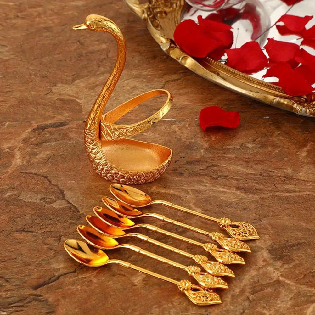 Swan Spoon Holder Set with 6 Golden Stainless Steel Coffee Spoons for Tableware