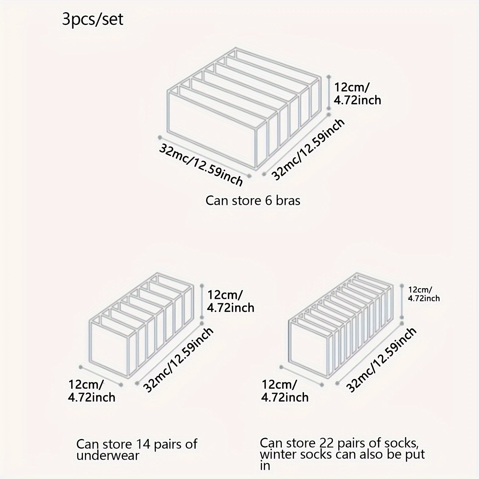 3Pcs Enclosed Car Underwear Storage Organizer Sock Drawer Wardrobe Compartments