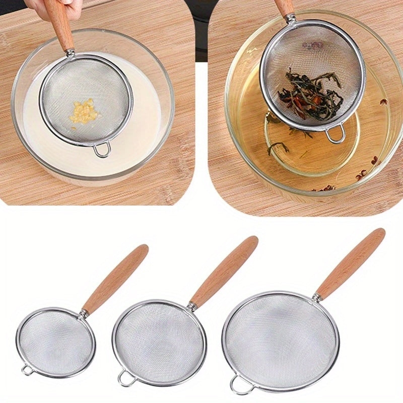 Colador de cocina de acero inoxidable con mango de madera para escurrir alimentos y cocinar