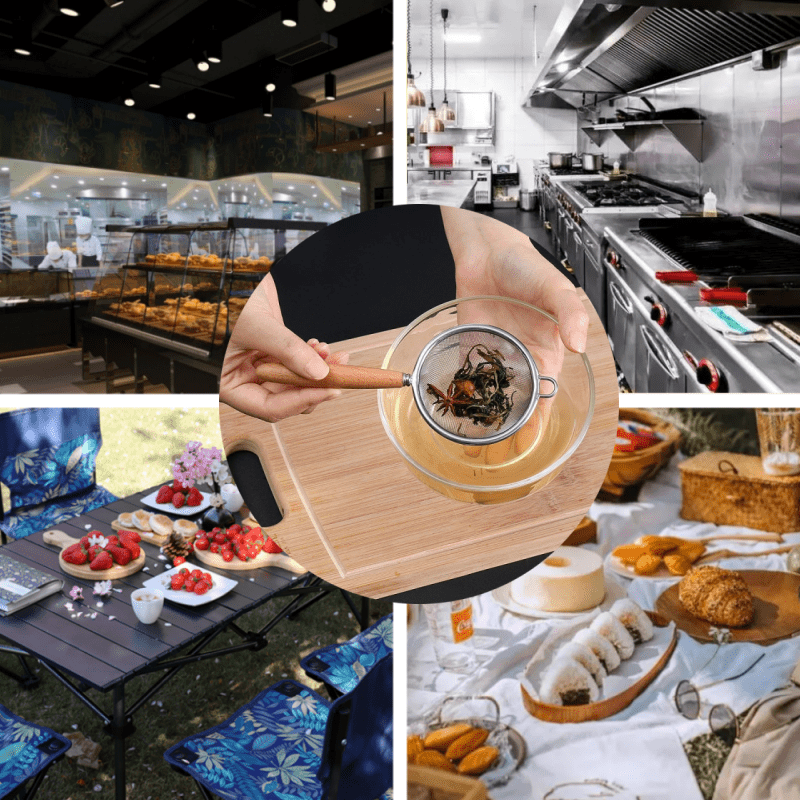 Colador de cocina de acero inoxidable con mango de madera para escurrir alimentos y cocinar