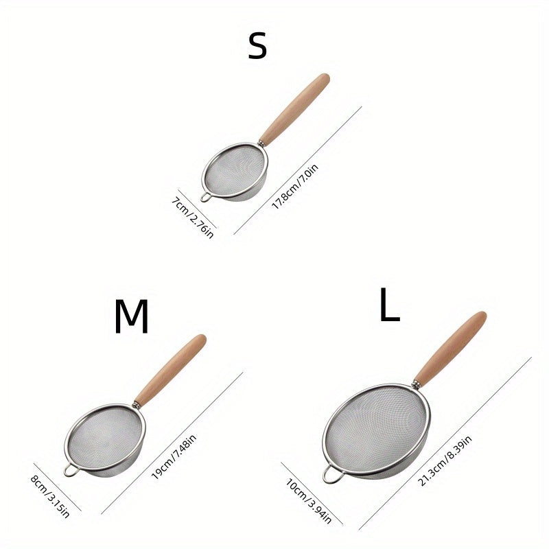 Colador de cocina de acero inoxidable con mango de madera para escurrir alimentos y cocinar
