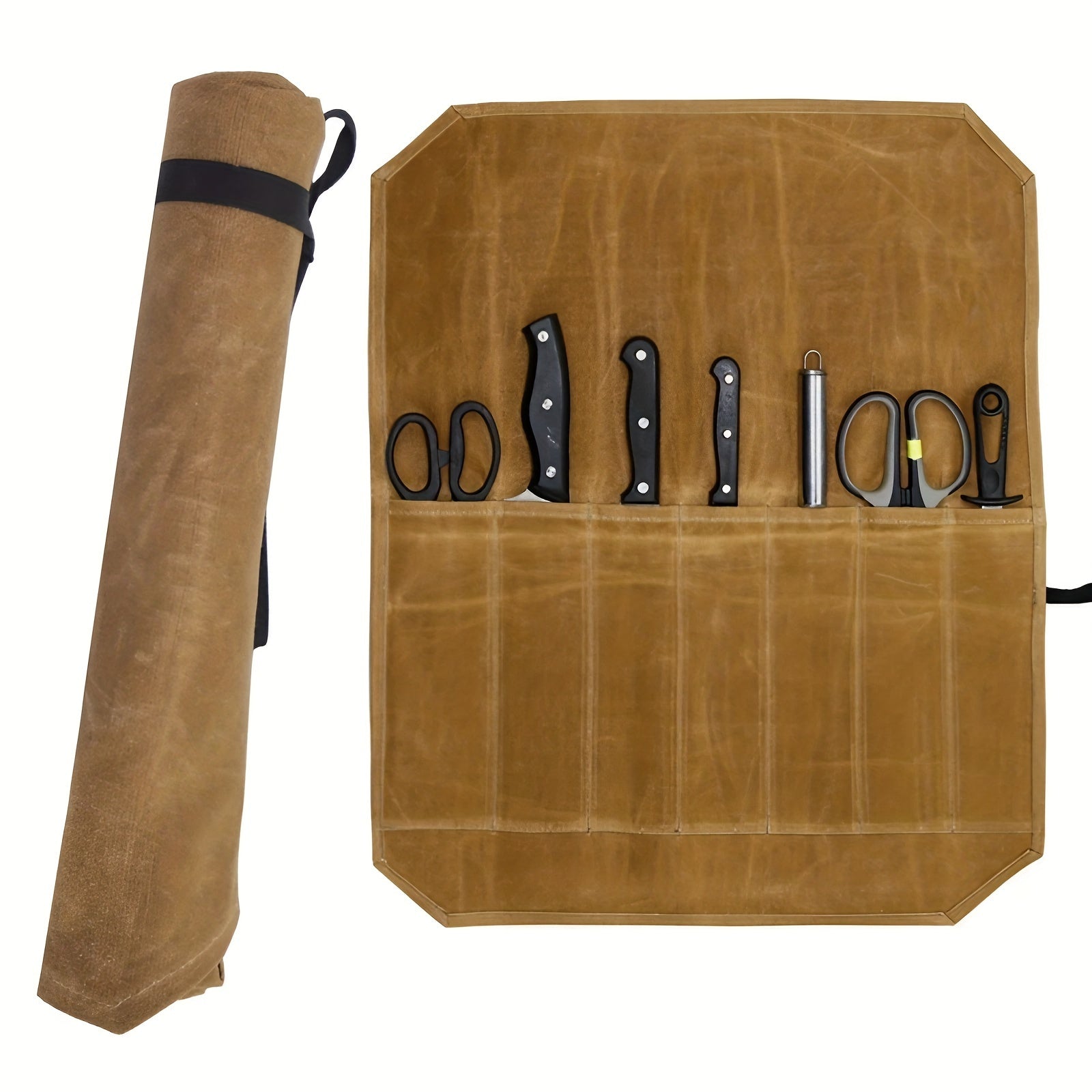 Durable PU Leather Chef Knife Roll Bag with 6 Slots for Kitchen Utensils