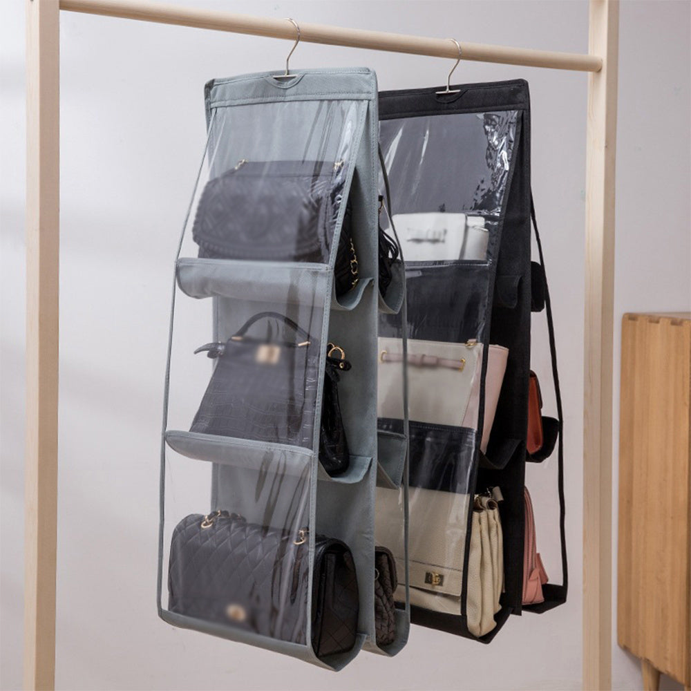 8-Pocket Hanging Handbag Organizer Oxford Cloth Space-Saving Wardrobe Storage Black Grey