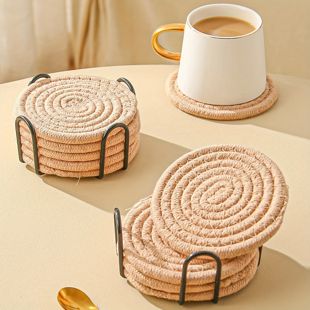 Set of 6 Brown Handwoven Table Mats and Coasters Non-Slip Heat-Resistant