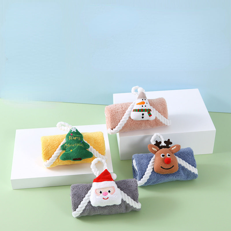 Cartoon Christmas Fingertip Towel Soft Coral Fleece Hanging Loop Bathroom Decor Gift