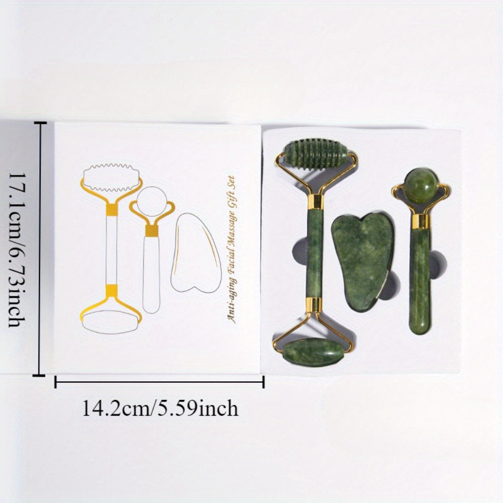 Jade Facial Massage Set with Roller Scraping Board and Stick Uncharged Natural Jade Beauty Tool