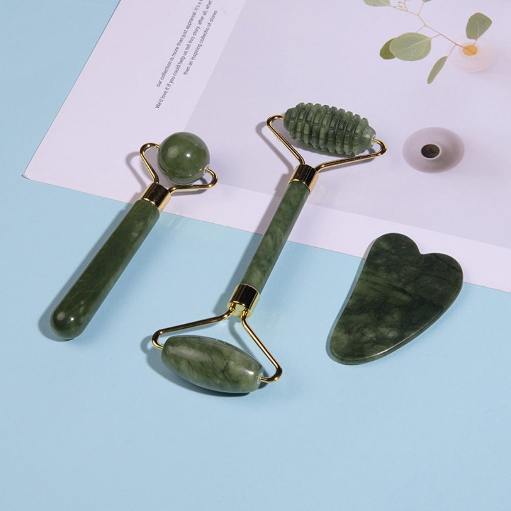 Jade Facial Massage Set with Roller Scraping Board and Stick Uncharged Natural Jade Beauty Tool