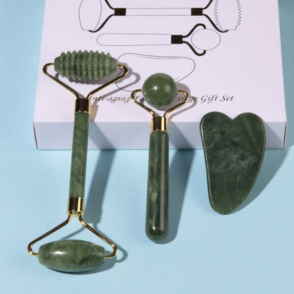 Jade Facial Massage Set with Roller Scraping Board and Stick Uncharged Natural Jade Beauty Tool