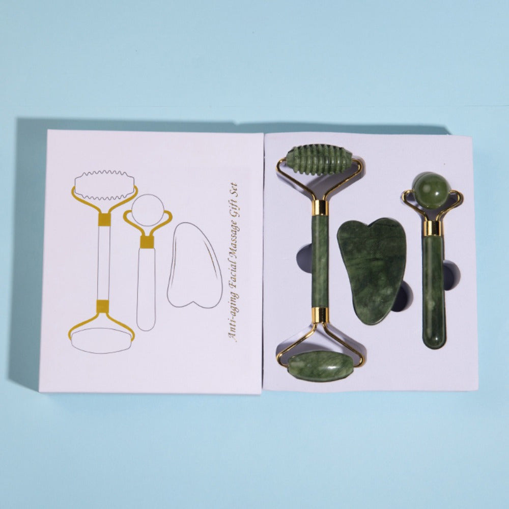 Jade Facial Massage Set with Roller Scraping Board and Stick Uncharged Natural Jade Beauty Tool