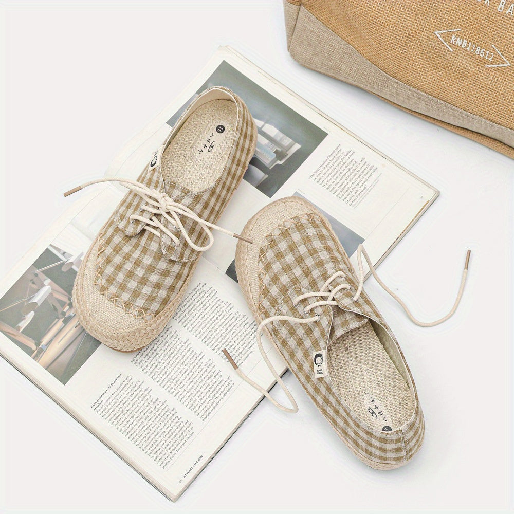 Women's Handmade Linen Style Flats Casual Checkered Lace-Up Shoes