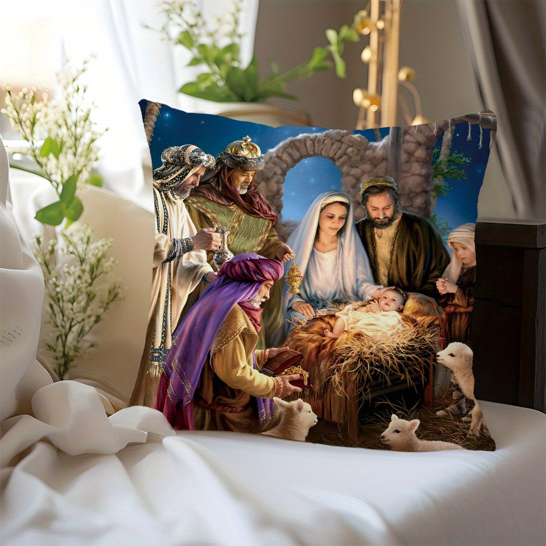 45x45cm Bible Story Illustration Peach Fleece Throw Pillow Cover for Living Room Sofa Bedroom