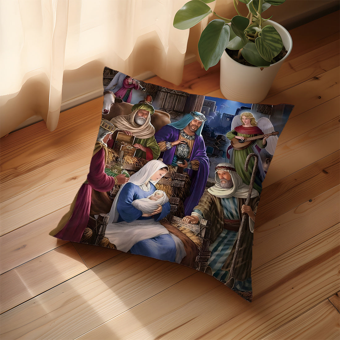 45x45cm Bible Story Illustration Peach Fleece Throw Pillow Cover for Living Room Sofa Bedroom