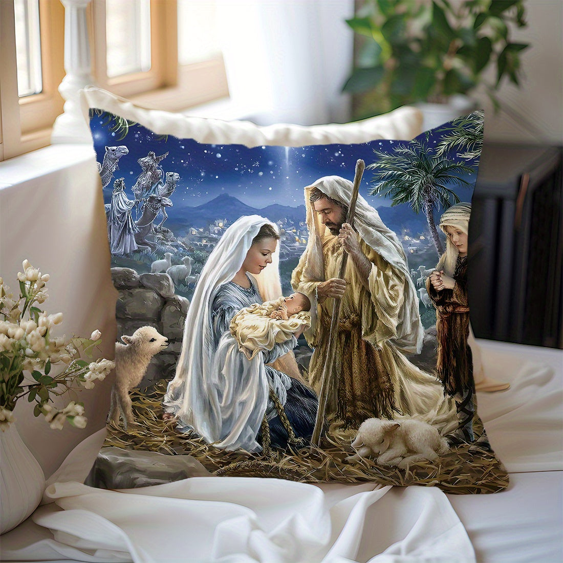 45x45cm Bible Story Illustration Peach Fleece Throw Pillow Cover for Living Room Sofa Bedroom