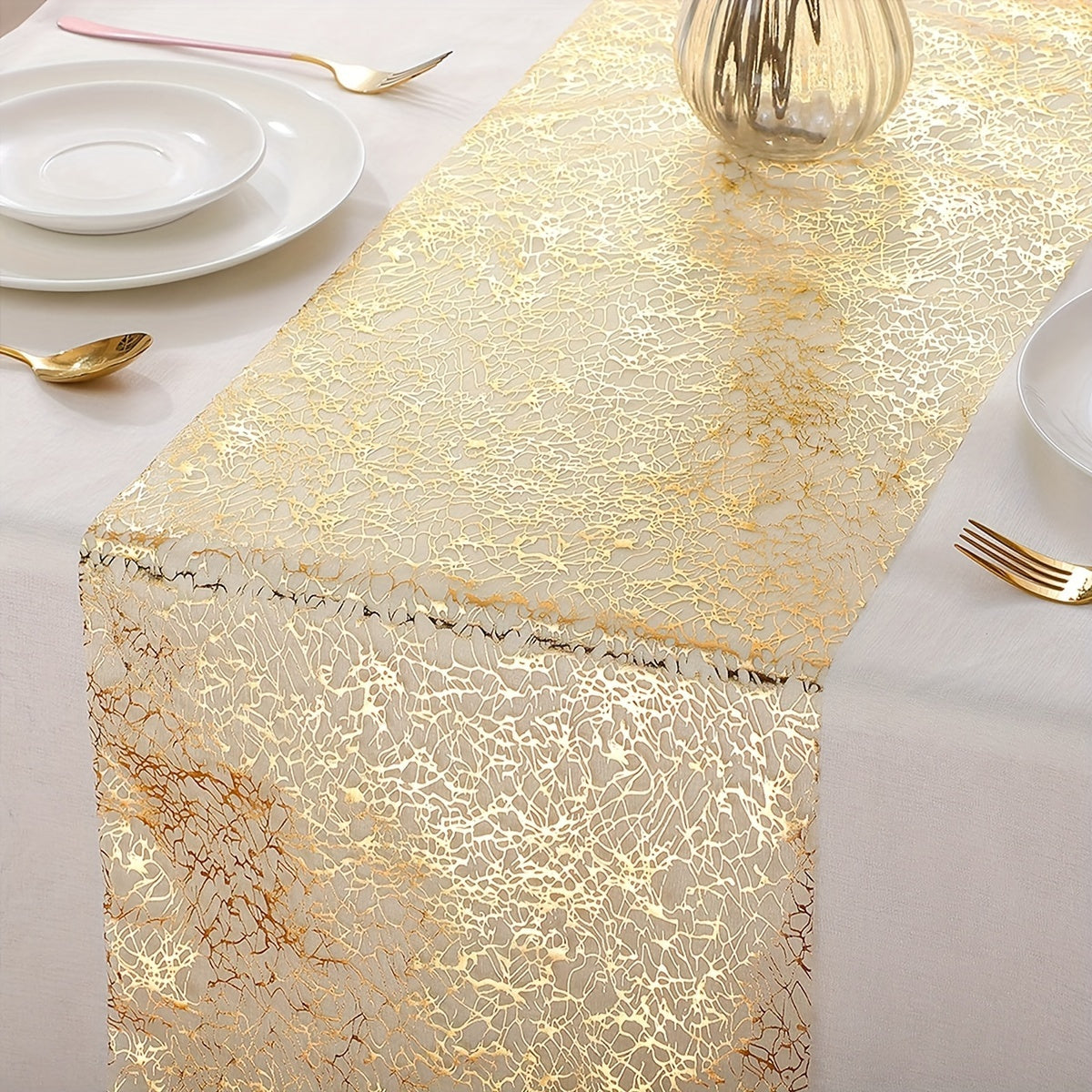 Gold Polyester Organza Table Runner with Glitter Accents for Weddings and Events