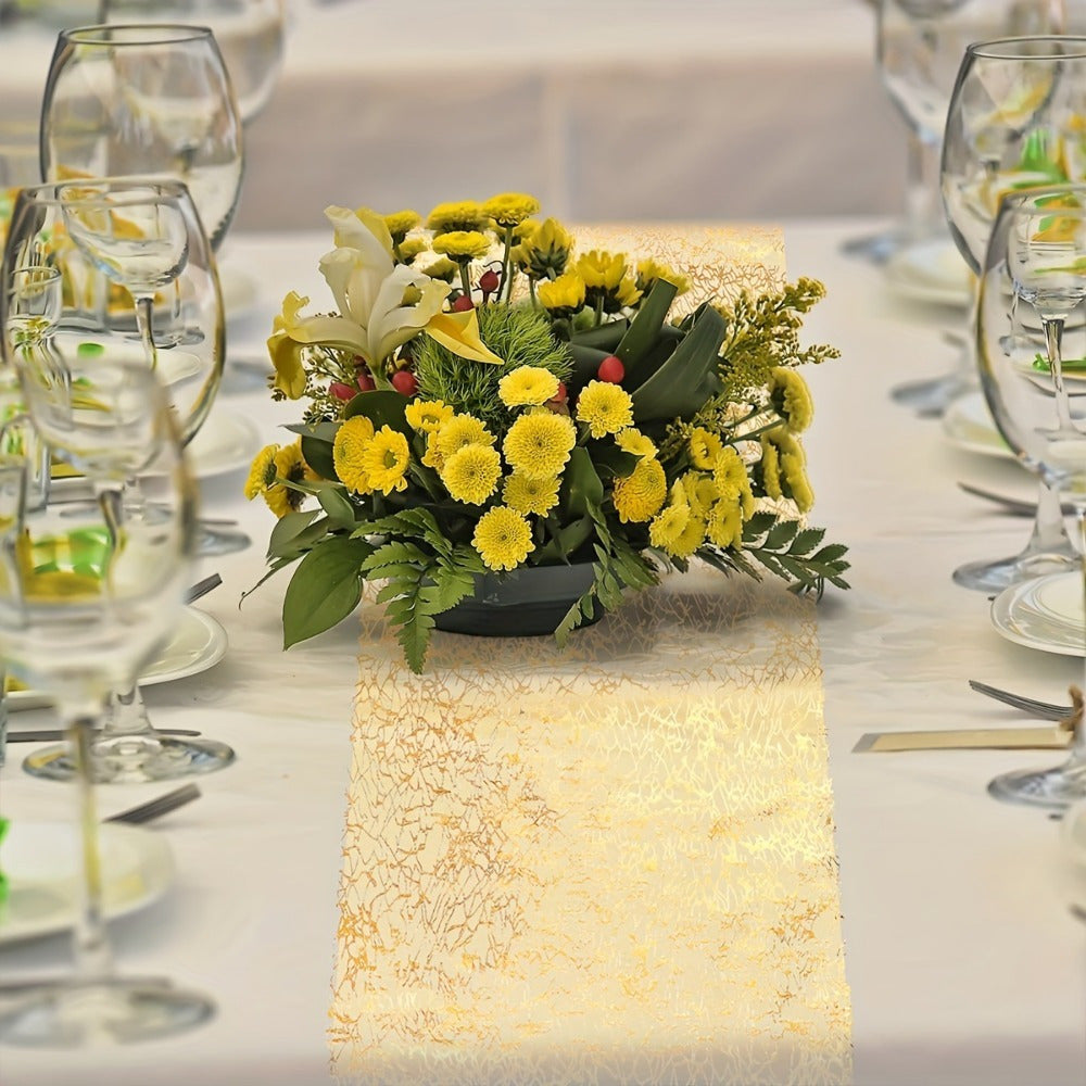 Gold Polyester Organza Table Runner with Glitter Accents for Weddings and Events