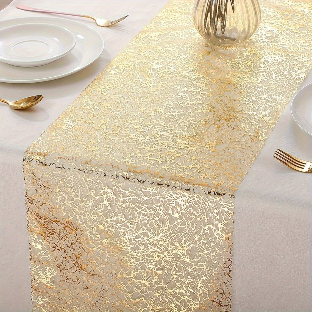 Gold Polyester Organza Table Runner with Glitter Accents for Weddings and Events