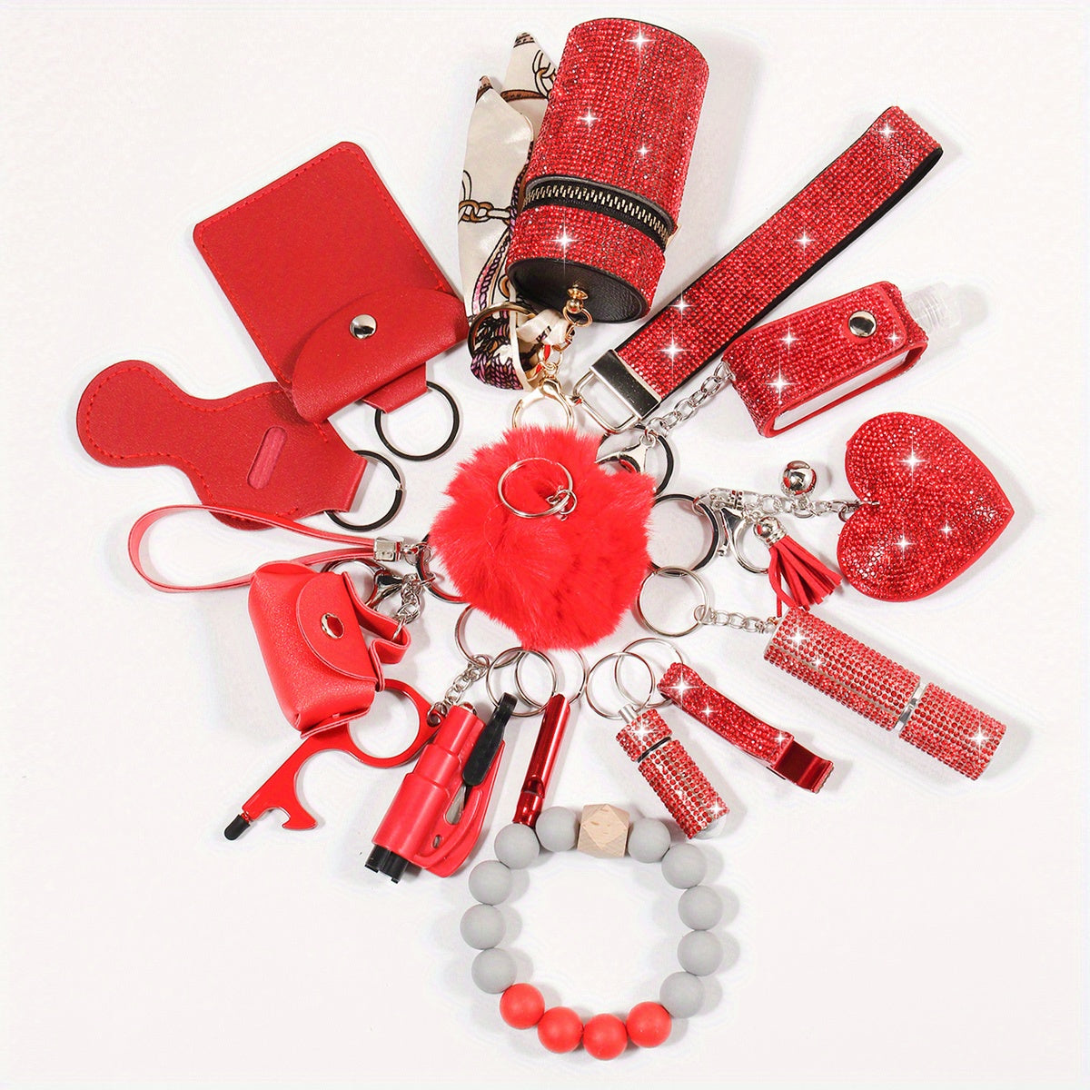 Set of 15 Rhinestone Safety Keychains with Storage Bag and Accessory Kit