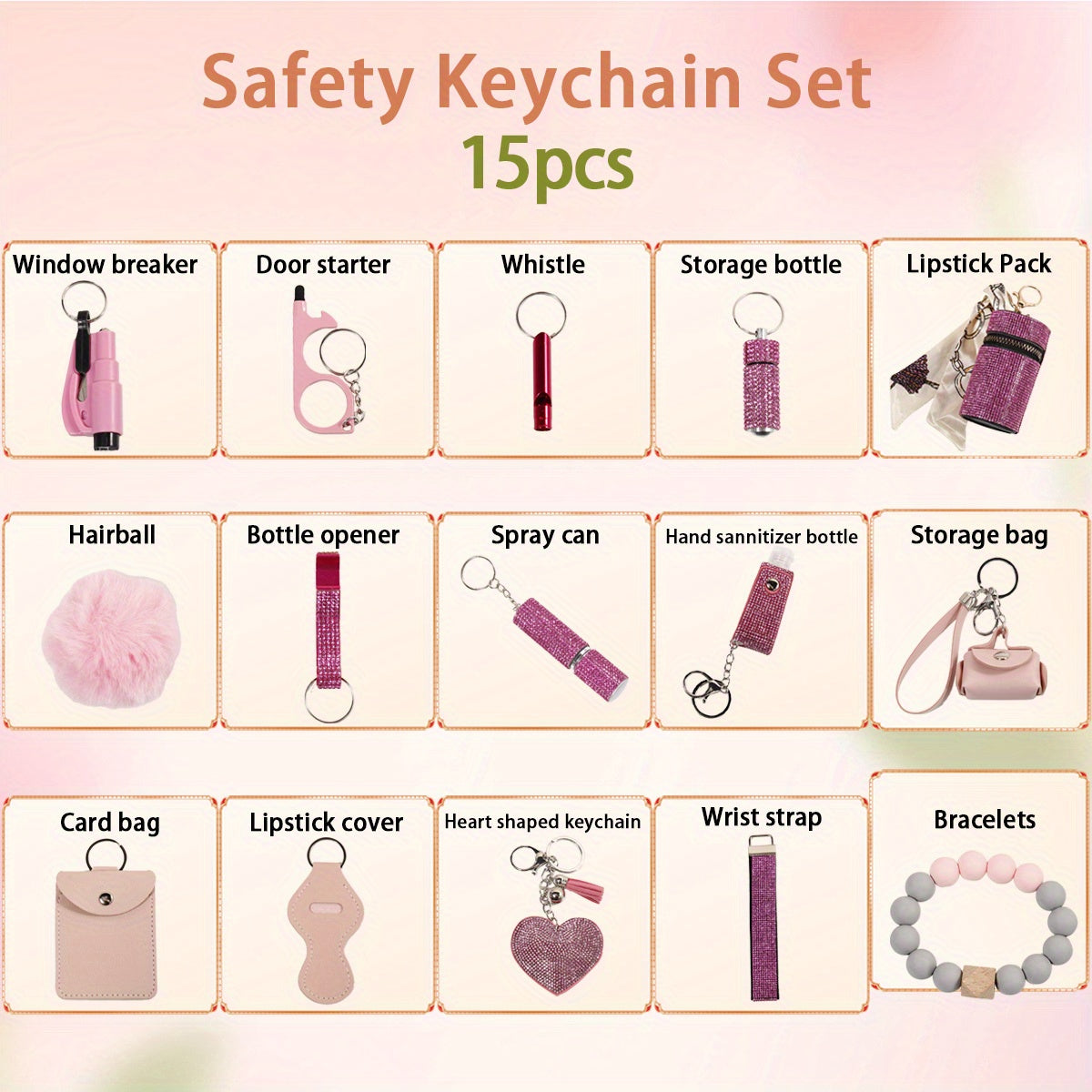 Set of 15 Rhinestone Safety Keychains with Storage Bag and Accessory Kit
