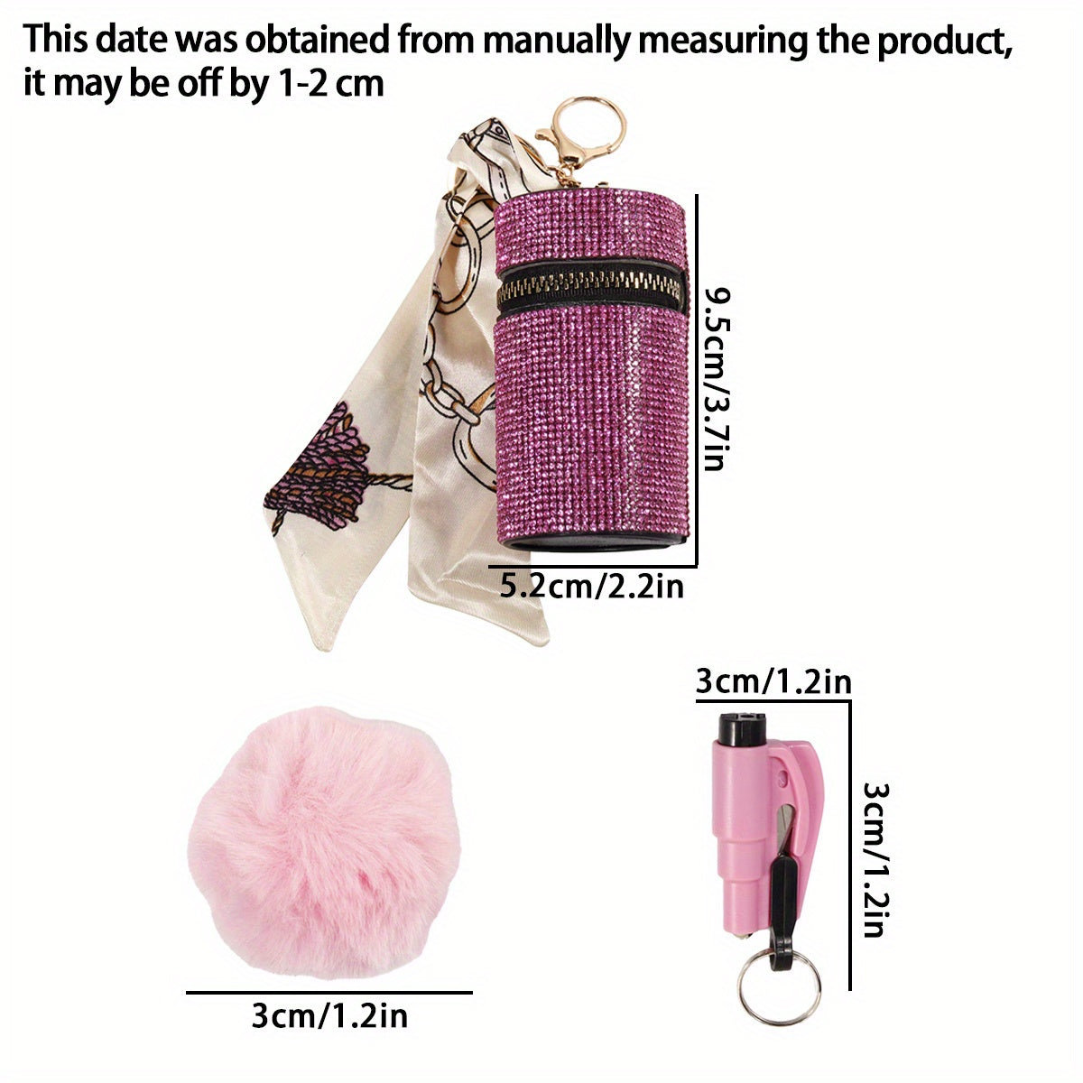 15 ta ayollar uchun xavfsizlik kalit zanjirlar to'plami, porloq rhinestone pendantlari, saqlash sumkasi, yumshoq pompom va karta uskunasi bilan birga.